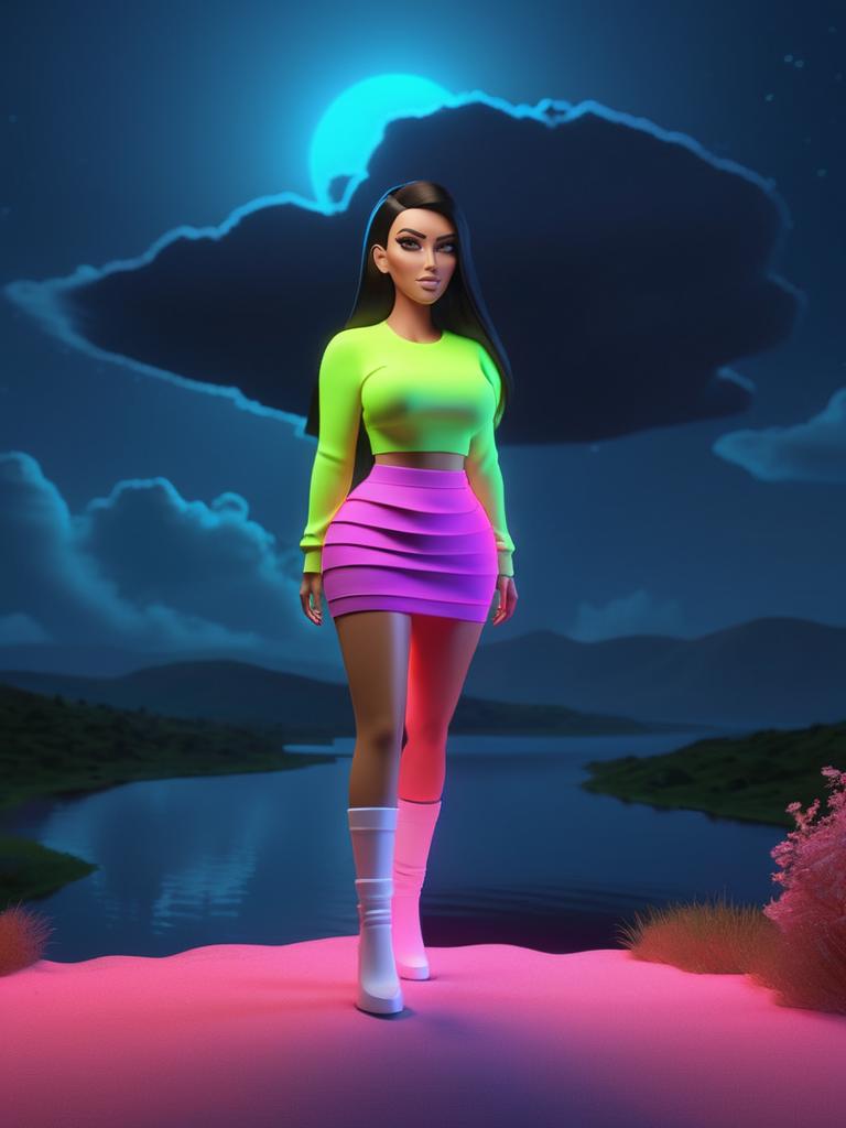 A woman in a neon outfit standing on a rock near a lake - SeaArt AI