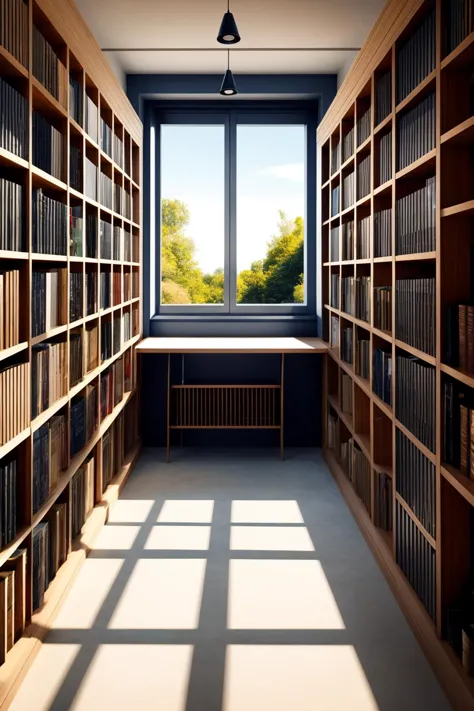 a view of a room with a window and a book shelf