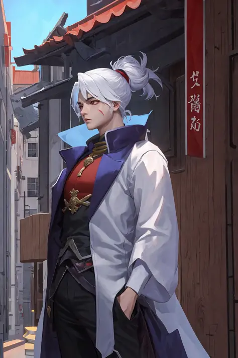 1boy,liubei, white hair,masterpiece, best quality, ,outdoor,red mark
 