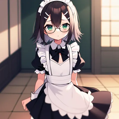 anime character dressed in maid outfit and glasses sitting on tiled floor