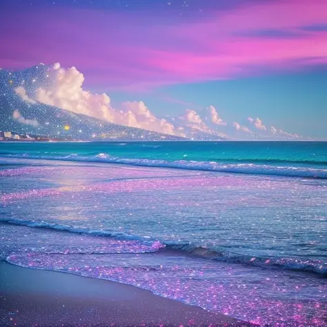 <lora:GlitterGaze_v01:1> glitter photo pink cloud and sea