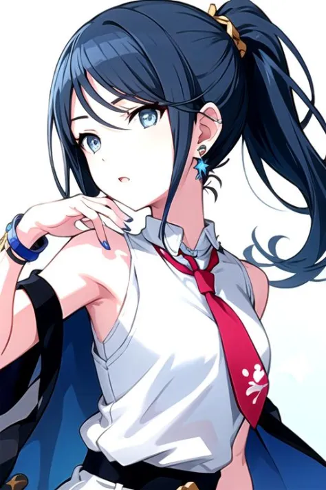 <lora:Ichika3rd-06:0.7>, ichika3rd, looking at viewer, shirt, bare shoulders, jewelry, blue hair, white shirt, upper body, ponyt...