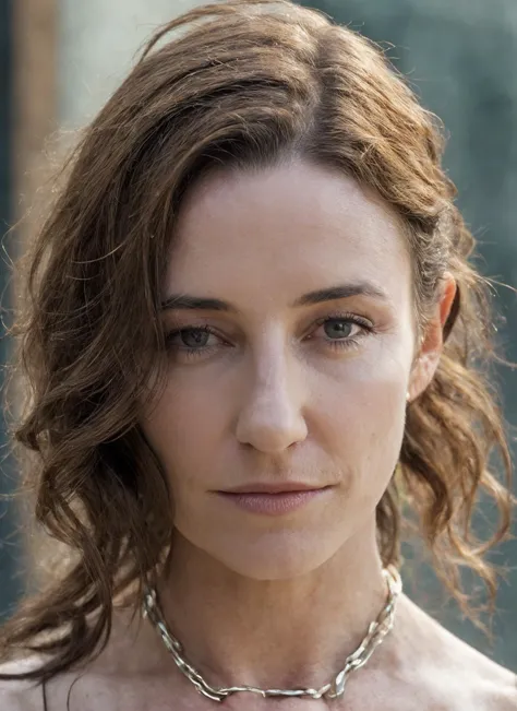 a close up of a woman with a necklace on her neck