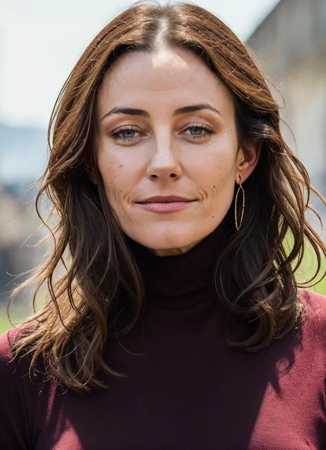 a close up of a woman with long hair wearing a maroon turtle neck