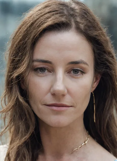 a close up of a woman with long hair and a necklace