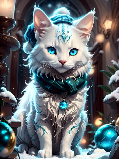 a close up of a cat with blue eyes sitting in the snow