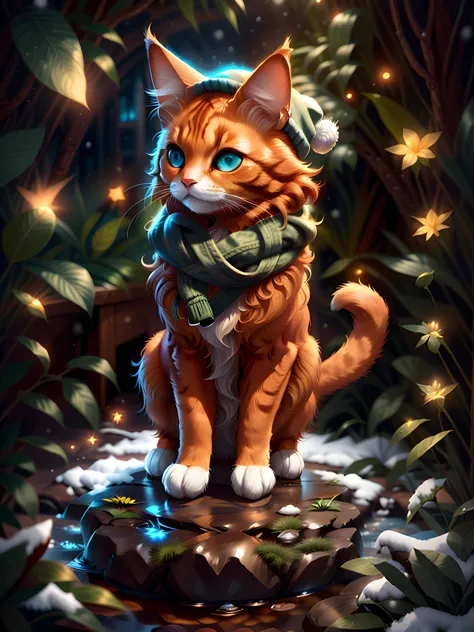 ginger cat, snow, warm scarf, snowflakes, bobble hat, Christmas tree, dynamic colors, beautiful, 32k, uhd, 16k+, best quality, masterpiece, very beautiful, perfectionism, max detail, soft shadows, vibrant, insanely detailed, expressive, perfect, intricate details, sharp focus, ultra detailed, cinematic, movie still, celestial, crystalline, volumetric lighting, caustics, octane render, absurdres, natural wonder, expressive, nice looking, dramatic, blender, atmospheric, HDR, amazing detail <lora:warmcats-1.2:0.9> <lora:nlc_blue:0.5><lora:rMadArt3_NoiseOffset:0.5><lora:hotarublur_v100:0.35><lora:depth_of_field_slider_v1:-0.5> 