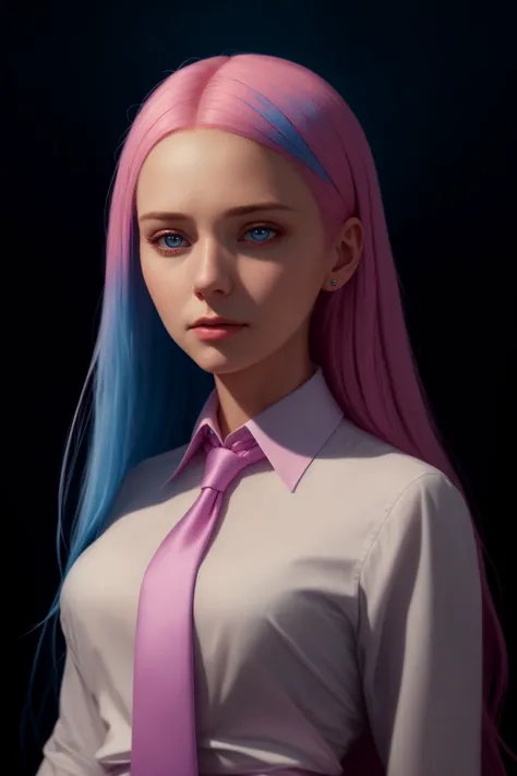 a close up of a woman with pink and blue hair wearing a tie