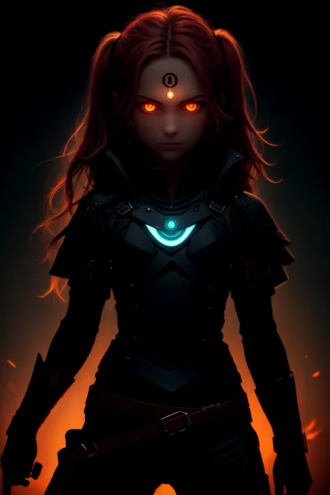 a woman with glowing eyes and a glowing necklace stands in front of a dark background