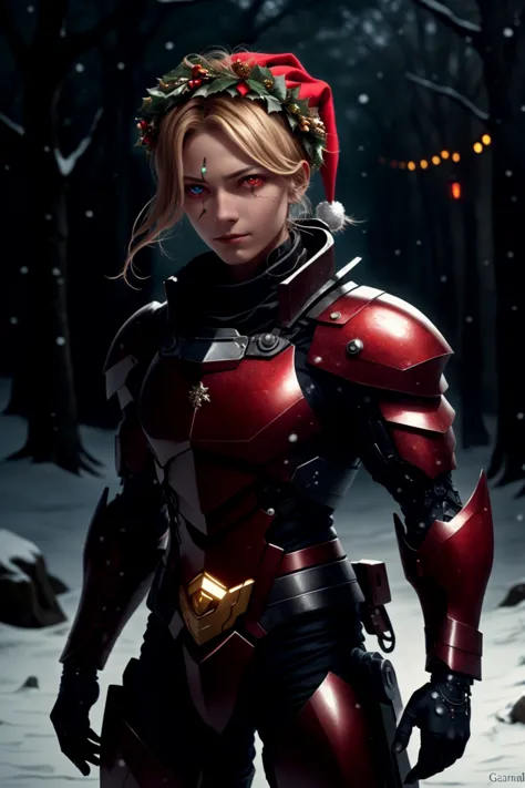 a woman in a red and black outfit standing in the snow