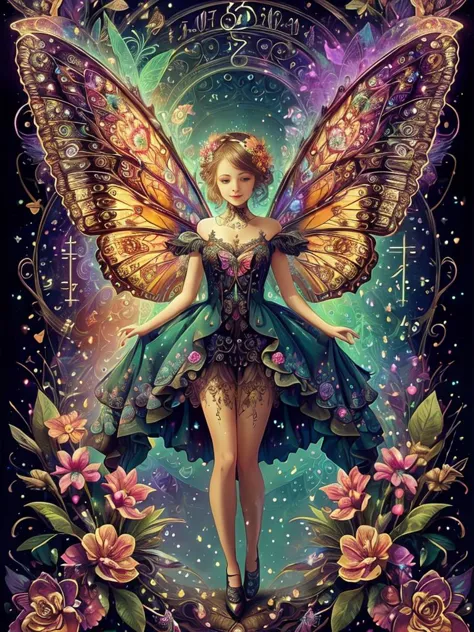 cute fairy, wings, flowers in background, intricate details, colorful, butterflies <lora:DonMM4thM4g1c:0.8> donmm4thm4g1c, math ...