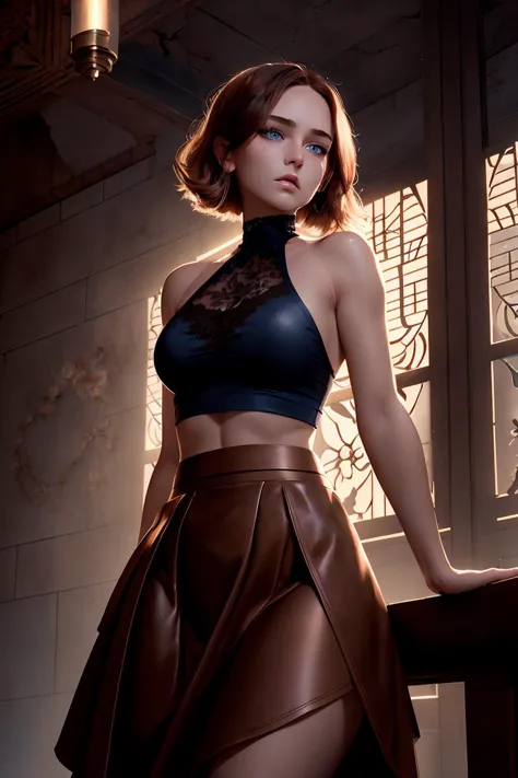 (masterpiece, best quality), female eighteen, agile, native american, blue eyes,     smooth cheeks, uneven forehead, long face shape,   smoky eye makeup , copper
 layered haircut hair, affection
 wearing floral    velour    __bo/properties/color__
 pleated midi skirt, faux leather
 lace halter top,   ,
, arms crossed tightly, suggesting defensiveness or discomfort