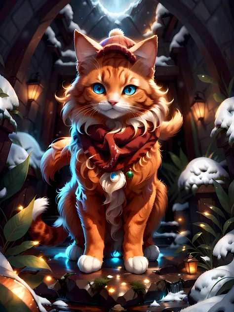 ginger cat++, (green eyes)++, snow, (warm scarf)+, snowflakes, (bobble hat)+, Christmas tree, outdoors+, Golden hour, dynamic colors, beautiful, 32k, uhd, 16k+, best quality, masterpiece, very beautiful, perfectionism, max detail, soft shadows, vibrant, insanely detailed, expressive, perfect, intricate details, sharp focus, ultra detailed, cinematic, movie still, celestial, crystalline, volumetric lighting, caustics, octane render, absurdres, natural wonder, expressive, nice looking, dramatic, blender, atmospheric, HDR, amazing detail <lora:warmcats-1.2:0.9> <lora:nlc_orange:0.5><lora:rMadArt3_NoiseOffset:0.5><lora:hotarublur_v100:0.35><lora:depth_of_field_slider_v1:-0.5> <lora:frowning1.1_:0.35>