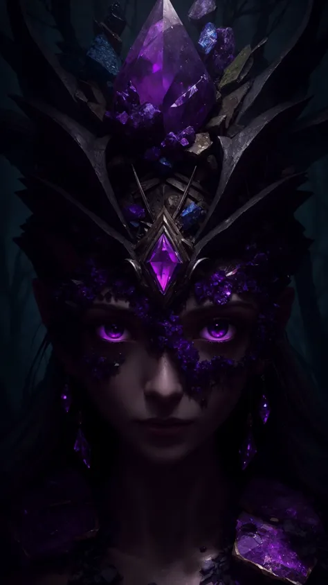 a woman wearing a purple mask with a purple crystal on it