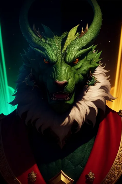 a close up of a green dragon with a red cape and a red cape