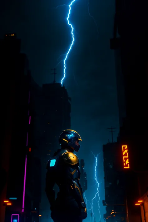 electricity, glowing, helmet, lightning, male focus, solo, (meha:1.2), big robot, (muscular:1.2), armor, city