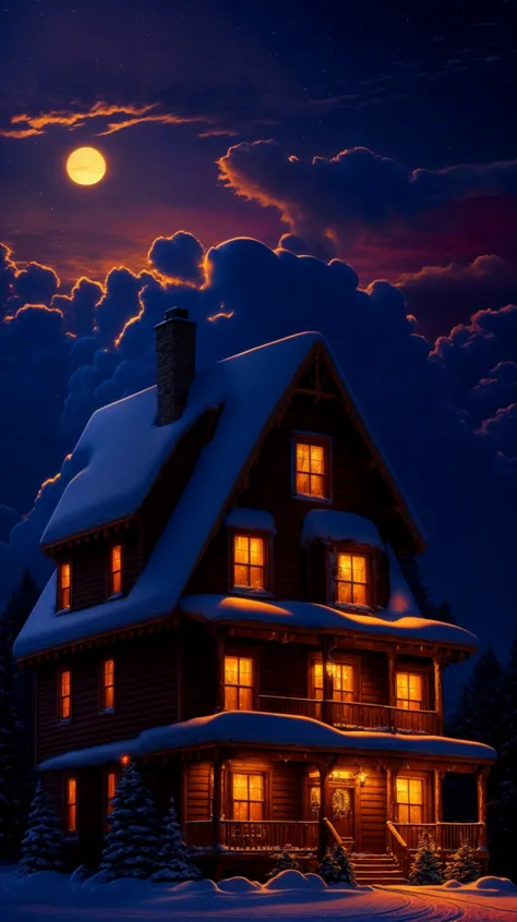 a large house with a full moon in the sky and a snowy landscape