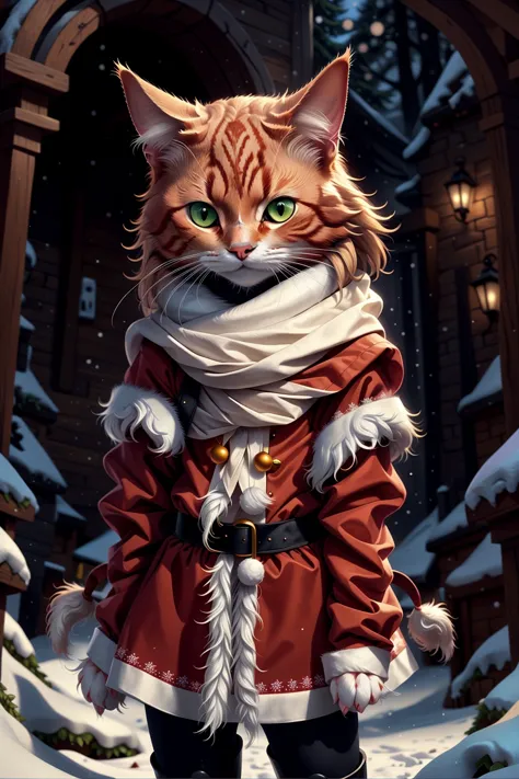 a cat (santa:1.2), winter (nature:1.2), red cyborg (cat:1.2), santa (dress:1.2), sci-fi, machinery <lora:warmcats-1.2:0.4>