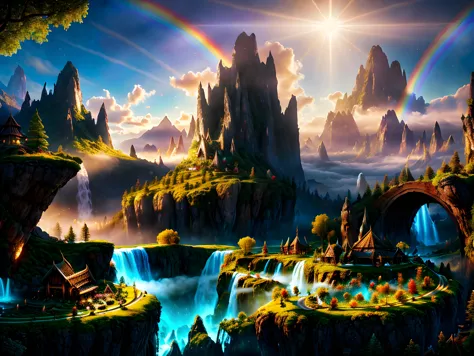 fantasy, rainbow valley, (elven village)++, hyperrealistic, beautiful, 32k, uhd, 16k+, 64K, best quality, masterpiece, very beautiful, perfectionism, max detail, soft shadows, expressive, perfect, intricate details, sharp focus, ultra detailed, cinematic, movie still, celestial, crystalline, volumetric lighting, caustics, absurdres, natural wonder, expressive, nice looking, dramatic, atmospheric, HDR, amazing detail, Otherworldly, dreamy, aesthetic, ethereal, ultra high resolution, Sunlight, Crepuscular rays, Techniscope, creationmagic, ethereal creation, particles stream <lora:nlc_blue:0.75><lora:CreationMagic-21:0.25><lora:Ghibli_v4:0.5>