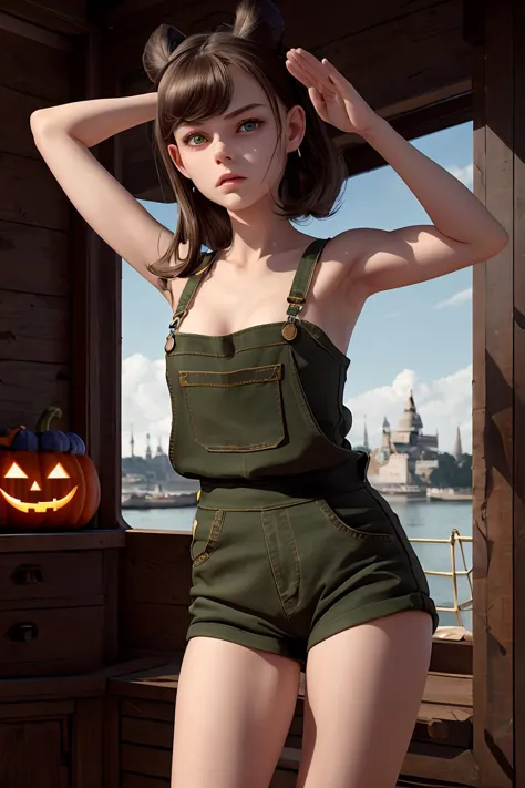 (masterpiece, best quality), female adolescence, delicate, scandinavian, green eyes, unlobed ears,  v-shaped chin, round jaw, dimpled cheeks, asymmetrical forehead, diamond face shape,   halloween makeup , dark brown
 pompadour hair, satisfaction
 wearing __bo/properties/color__    jacquard    aztec
 cargo overalls,  balconette bra, boat shoes,  
, arms raised in victory or celebration