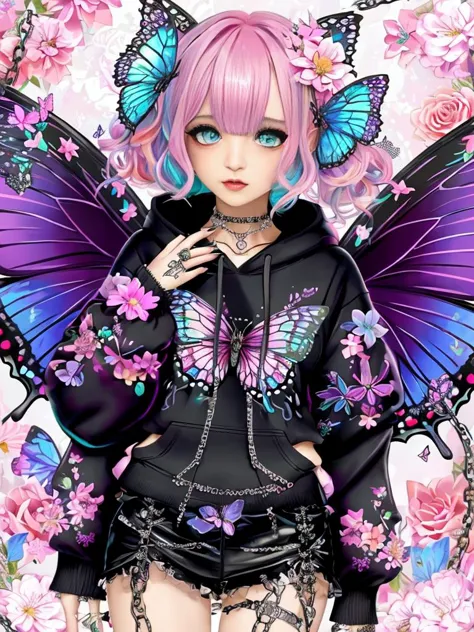 a girl with pink hair and butterfly wings is posing in front of a pink flower background