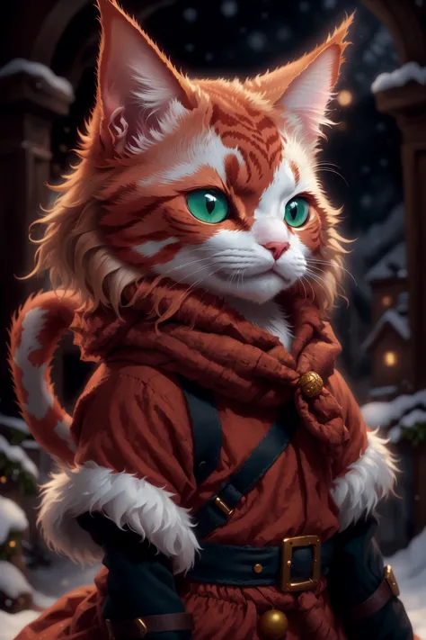 a cat dressed in a red outfit and scarf standing in the snow