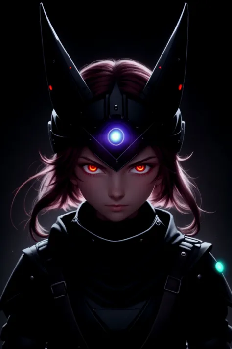 a woman with red eyes and horns in a black outfit