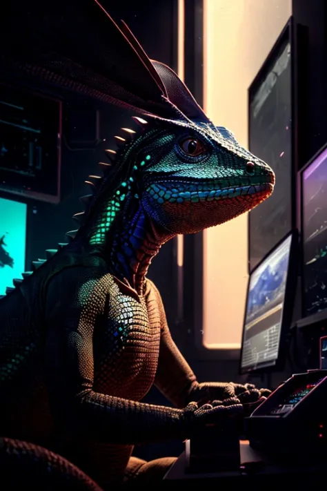 (humanoid:1.10) MIX (lizard), sits at monitors and programs, ultra realistic, raw photo, style christopher balaskas, alan schaller style, lightroom, natural, perfect, [oliver wetter|(kodak portra:0.08)|(leibovitz:0.6)], raw, intricate, high quality, mamiya, exposure blend, (cinematic look:1.46), soothing tones, insane details, intricate details, hyperdetailed, low contrast, soft cinematic light, dim colors, exposure blend, hdr