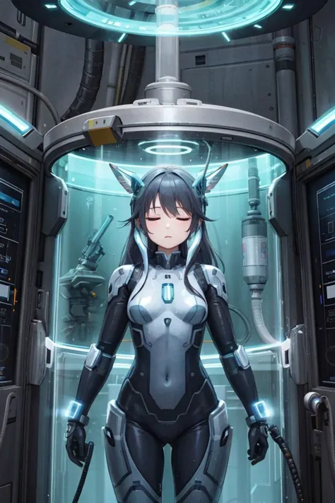masterpiece, best quality, high resolution, extremely detailed, detailed background, cinematic lighting, 1girl, looking at viewer, (stasis pod:1.5), 1girl, cowboy shot, floating, in container, submerged, liquid, bubbles, cable, mecha, mecha musume, headgear, bodysuit, pilot suit, science fiction, sci-fi, spacecraft interior, monitor, holographic interface, test tube, sleeping, closed eyes
