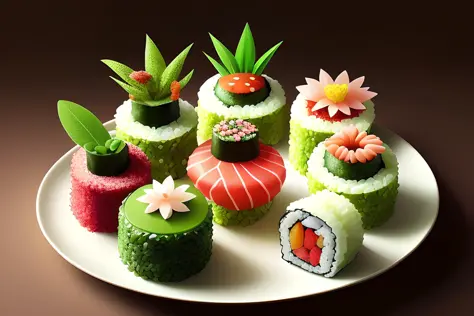 plant_style, sushi,<lora:PlantStyle:1>, ((masterpiece)),illustration,high detail, soft lighting, delicious, colorful, aesthetically pleasing, studio lighting, trending