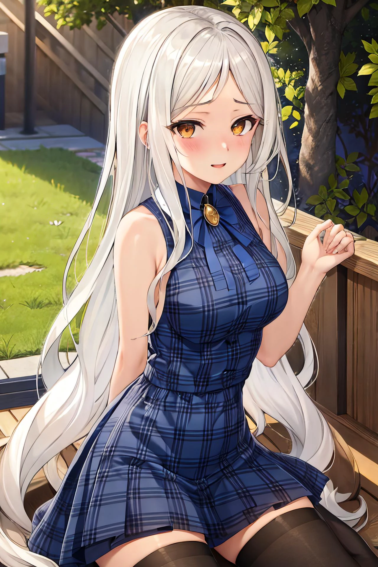 A Woman With Long White Hair Sitting On A Bench In A Blue Dress Seaart Ai 7688