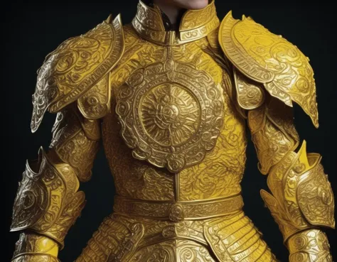 A photorealistic image of a suit of armor that is intricately adorned with 'cnrune_yellow' designs. The armor should be made of high-quality metal, shining with a polished finish. The 'cnrune_yellow' designs should be meticulously etched or embossed onto the armor, glowing with a soft yellow light. The armor should be displayed on a stand or worn by a model, and the perspective should be such that the viewer can appreciate the full detail of the 'cnrune_yellow' designs. The lighting should be well-balanced, highlighting the unique features of the armor and the glowing runes,yinyang,Tai Chi,
 <lora:cnrune:0.46>,