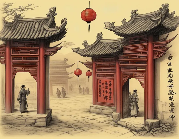 there are two asian buildings with red doors and lanterns