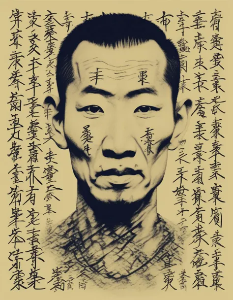 a close up of a man with asian writing on his face