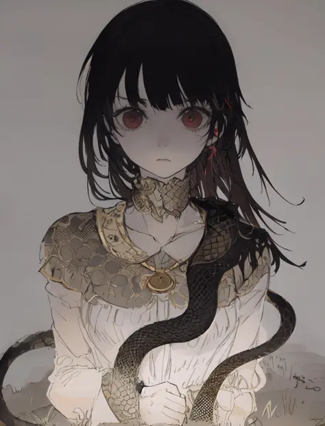 woman, dark background, snake dress, <lora:Iridescence:0.7>