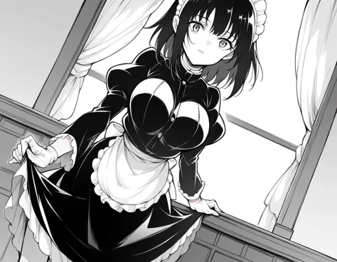 anime girl in maid outfit standing in front of window with open curtains