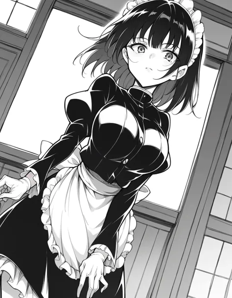 anime girl in maid outfit standing in front of a window