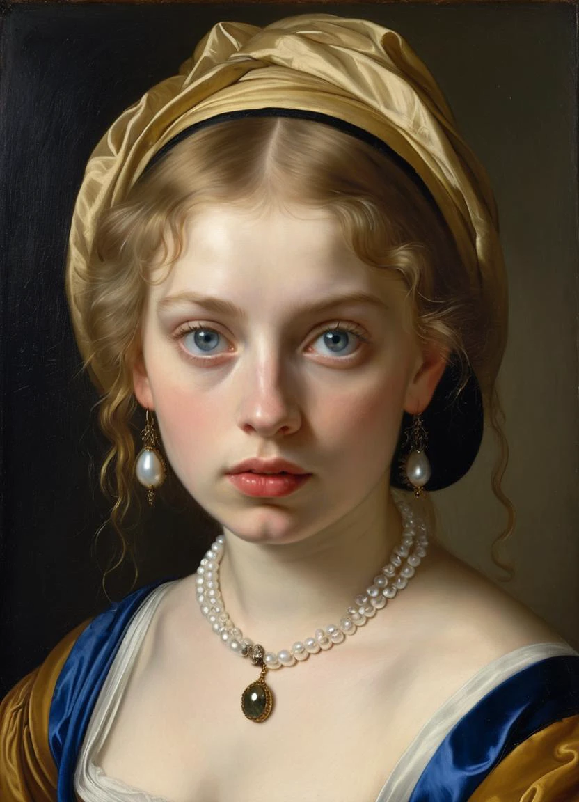 oil painting of1girl, jewelry, pearl necklace, earrings, blue eyes, silk, blonde hair, spider web, realistic, lips, gem, portrait, hair ornament, bug, lace, eyelashes, by Rembrandt, Caravaggio, Artemisia Gentileschi, Diego Velázquez, Frans Hals, Peter Paul Rubens, and Johannes Vermeer
