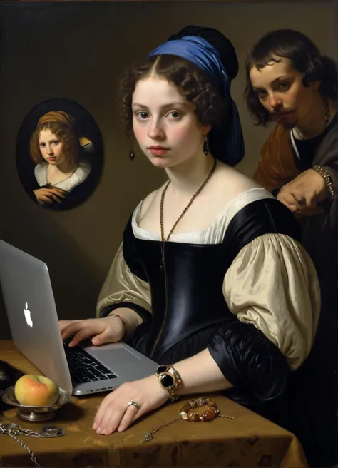 oil painting of ring, jewelry, 1girl, using a MacBook, black dress, bracelet, realistic, looking at viewer, lips, black hair, black eyes, by Rembrandt, Caravaggio, Artemisia Gentileschi, Diego Velázquez, Frans Hals, Peter Paul Rubens, and Johannes Vermeer
...