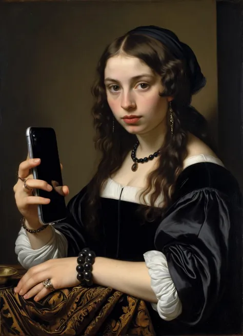 oil painting of ring, jewelry, 1girl, using an iPhone, black dress, bracelet, realistic, looking at viewer, lips, black hair, black eyes, by Rembrandt, Caravaggio, Artemisia Gentileschi, Diego Velázquez, Frans Hals, Peter Paul Rubens, and Johannes Vermeer
...