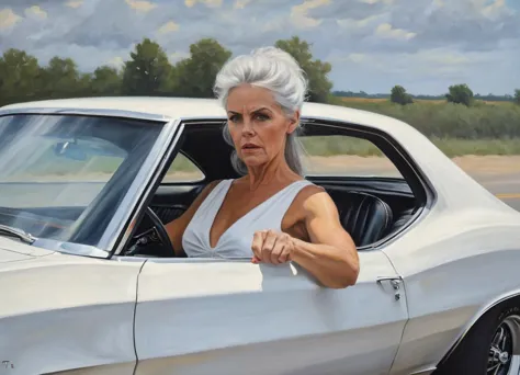oil painting of a woman, wearing awhite dress, fine art parody, driving a muscle car, grey hair
<lora:fflixbar-000018:1>