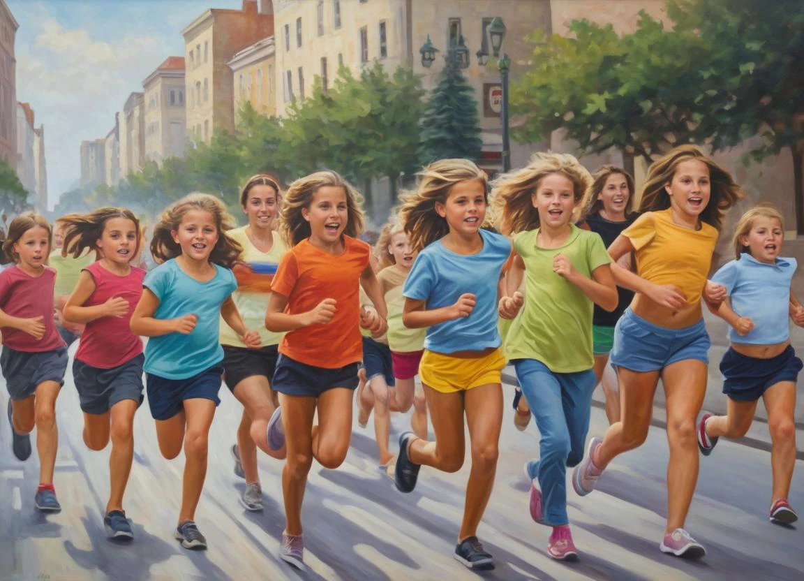 لوحة زيتية لمجموعة من الأطفال والنساء يركضون في المدينة, عمل جديد,
