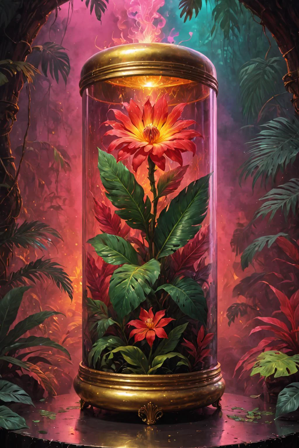 enthaltene Farbe, Dschungel-Hintergrund, Gemälde einer magischen Blume in einem großen zylindrischen eleganten goldenen Behälter, roter Rauch,  ( Retrowave-Glas) ,