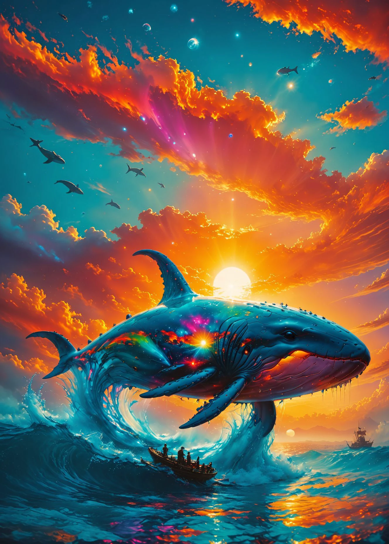 "sueño" (místico:0.1), una ballena voladora,  una experiencia alucinante, la puesta de sol en el mundo divino,   colores vívidos, Toma de acción en color contenida, Obra maestra