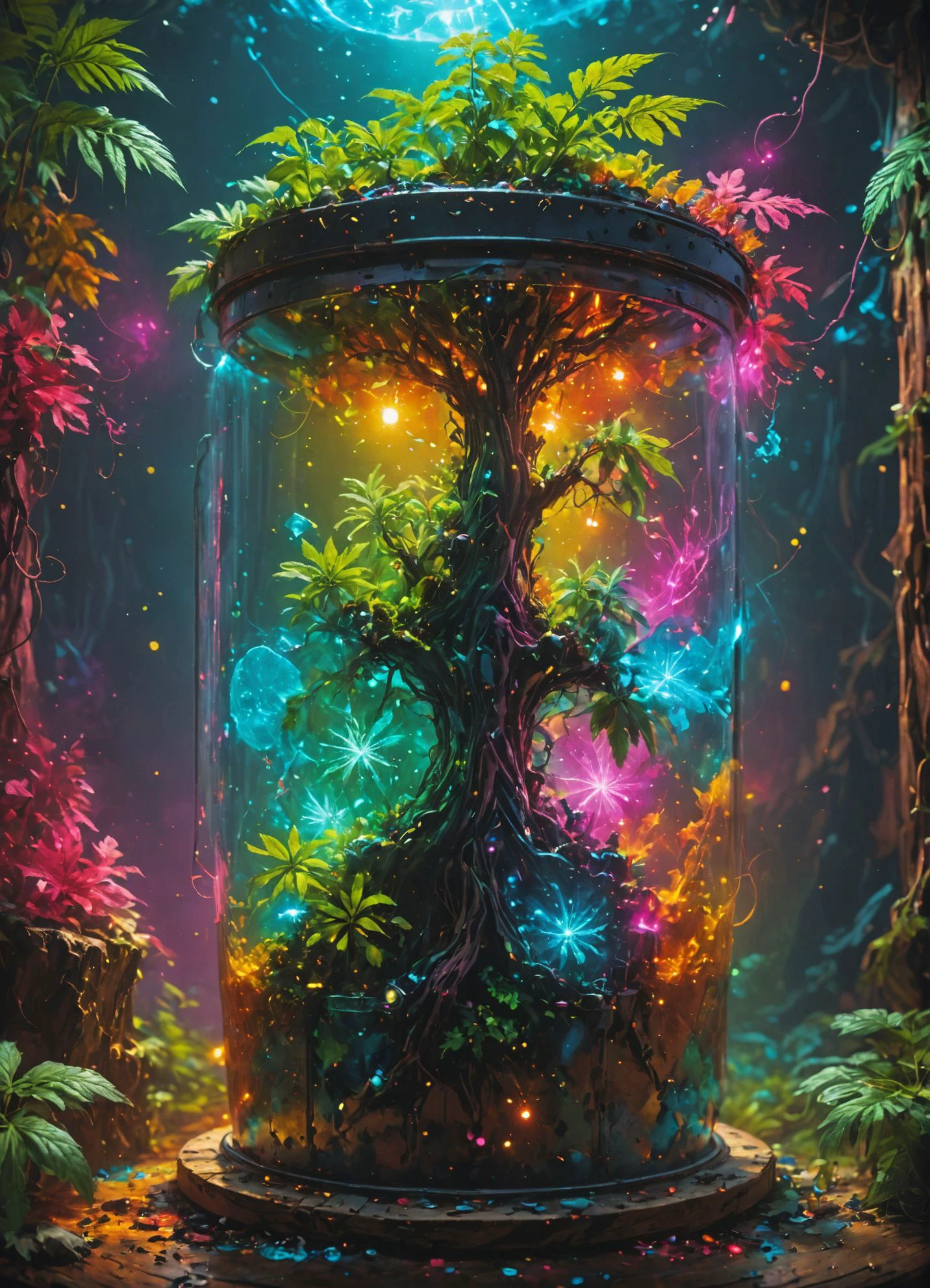 "the space bucket" (mystical:0.1), marijuana tree,  inside wood  storage container made of transparent material, grow lights, uv, with a peaceful weed gracefully chilling in the music room,   symbols, intricate details, colorful, abstract, realism, Contained Color  