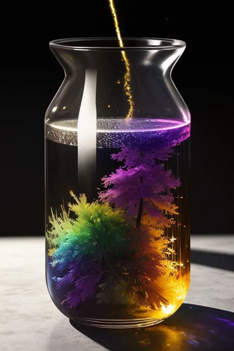 ultra realistic 8k cg, flawless, clean, masterpiece, professional artwork, famous artwork, cinematic lighting, cinematic bloom, (((photo raw)), background), a large rainbow glass cyberpunk container with a construction yard inside, yellow smoke <lora:Contained_Color_SDXL:1>