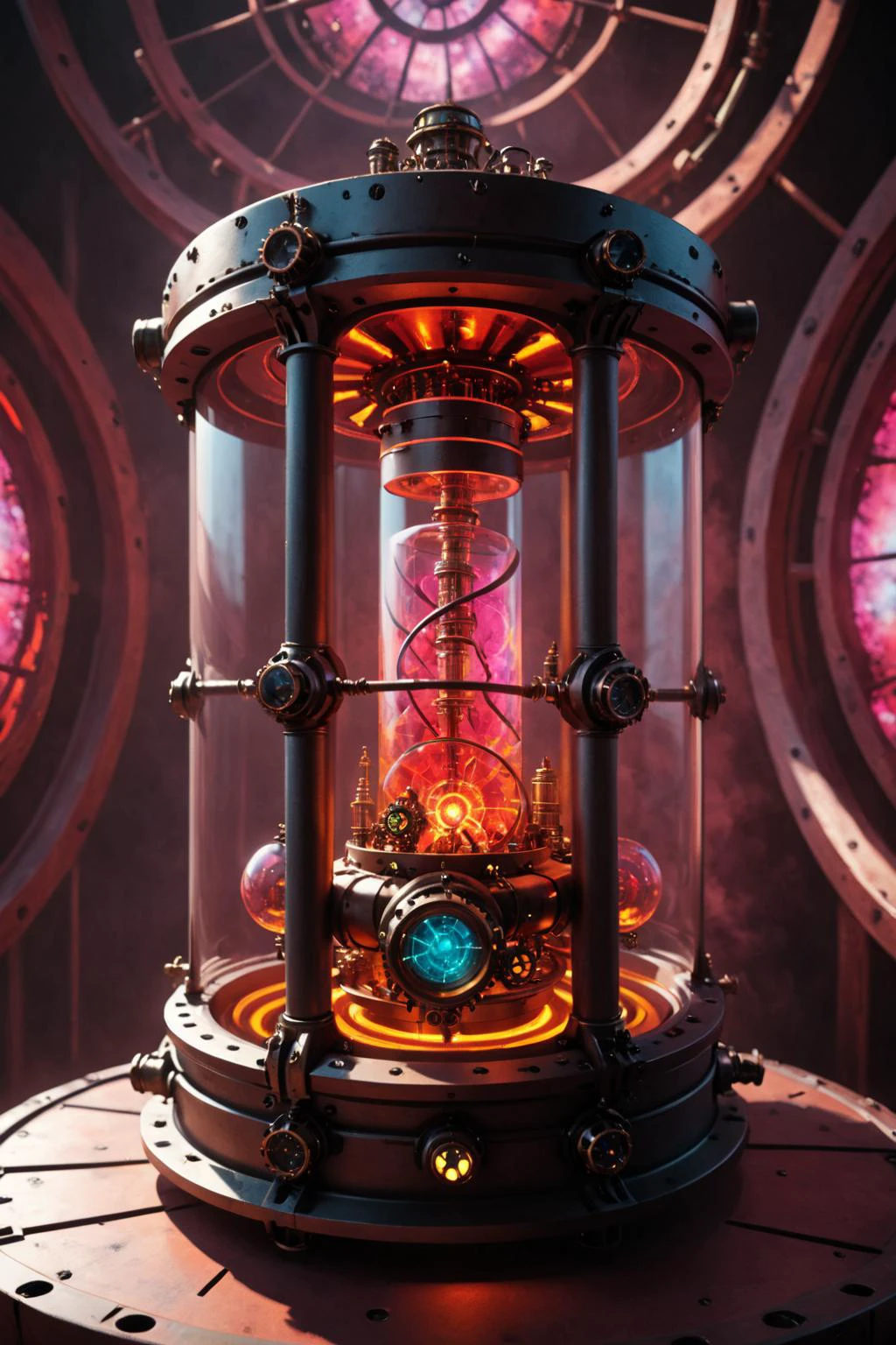 包含颜色, 虚空之门位于一个大型螺旋蒸汽朋克容器内， (红色玻璃), 绘画世界, Octane 渲染搅拌机 8D