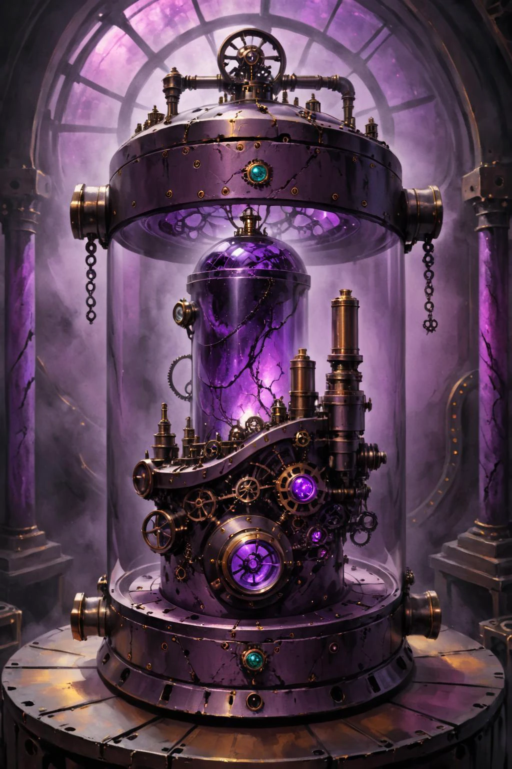 enthaltene Farbe, Hand des Erebos in einem großen Steampunk-Behälter mit (violett getöntes Glas), gemalte Welt,