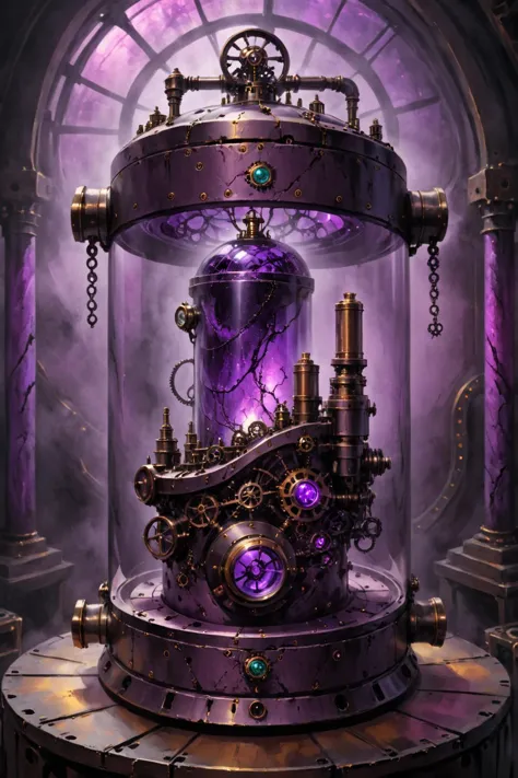 contained color, Hand of Erebos inside of a large steampunk container with (purple  tinted glass), <lora:Contained_Color_SDXL:1>...