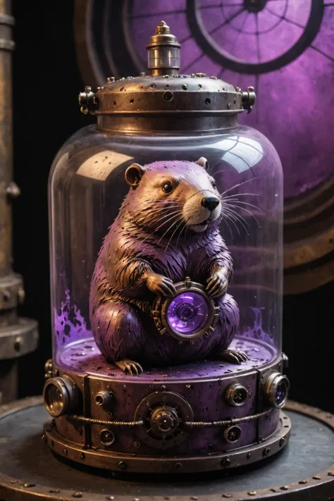 contained color, a beaver inside of a large steampunk container with (purple  tinted glass), <lora:Contained_Color_SDXL:1>   vis...